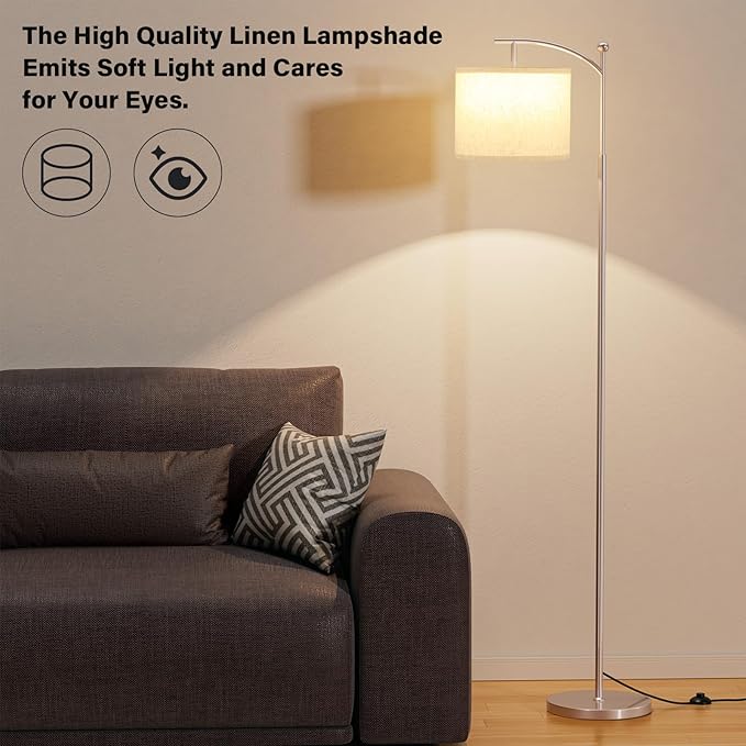 Ambimall 60" Floor Lamp for Living Room with 3 Color Temperatures, Adjustable Beige Shade with Light Gold Pole, Tall Lamp for Bedroom Office Classroom Dorm Room, 9W Bulb Included