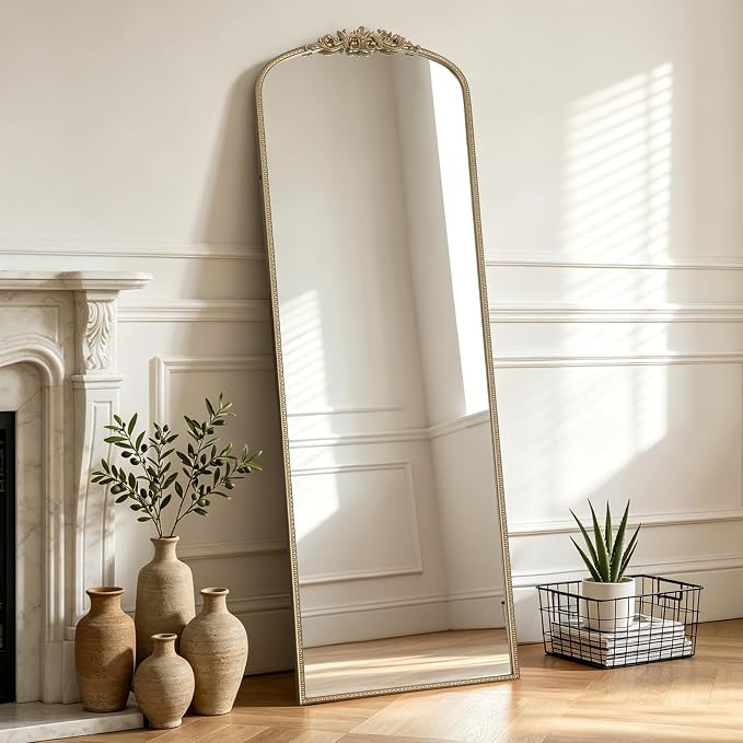 WallBeyond Gold Vintage Full Length Mirror with Stand for Vanity 22x65 Inch, Gold Antique Mirror with Ornate Frame, Arched Vintage for Bathroom, Living Room, Bedroom, Entryway