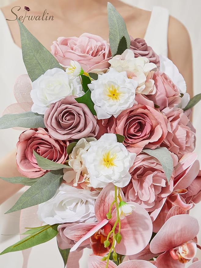 Serwalin 11Inch Wedding Bouquet Dusty Rose Cream Bridal Bouquets for Bride Bride Bouquets for Wedding Ceremony and Anniversary Day Decor