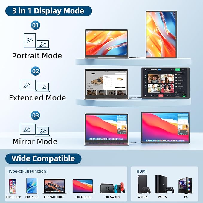 Portable Monitor, 16 Inch 1200P FHD Laptop Screen Extender Dual Monitor, 360° Rotating Detachable Stand Plug n Play, Ultra Slim Zero Frame, Travel Portable Screen for Laptop/PC/Mac/Windows/PS5