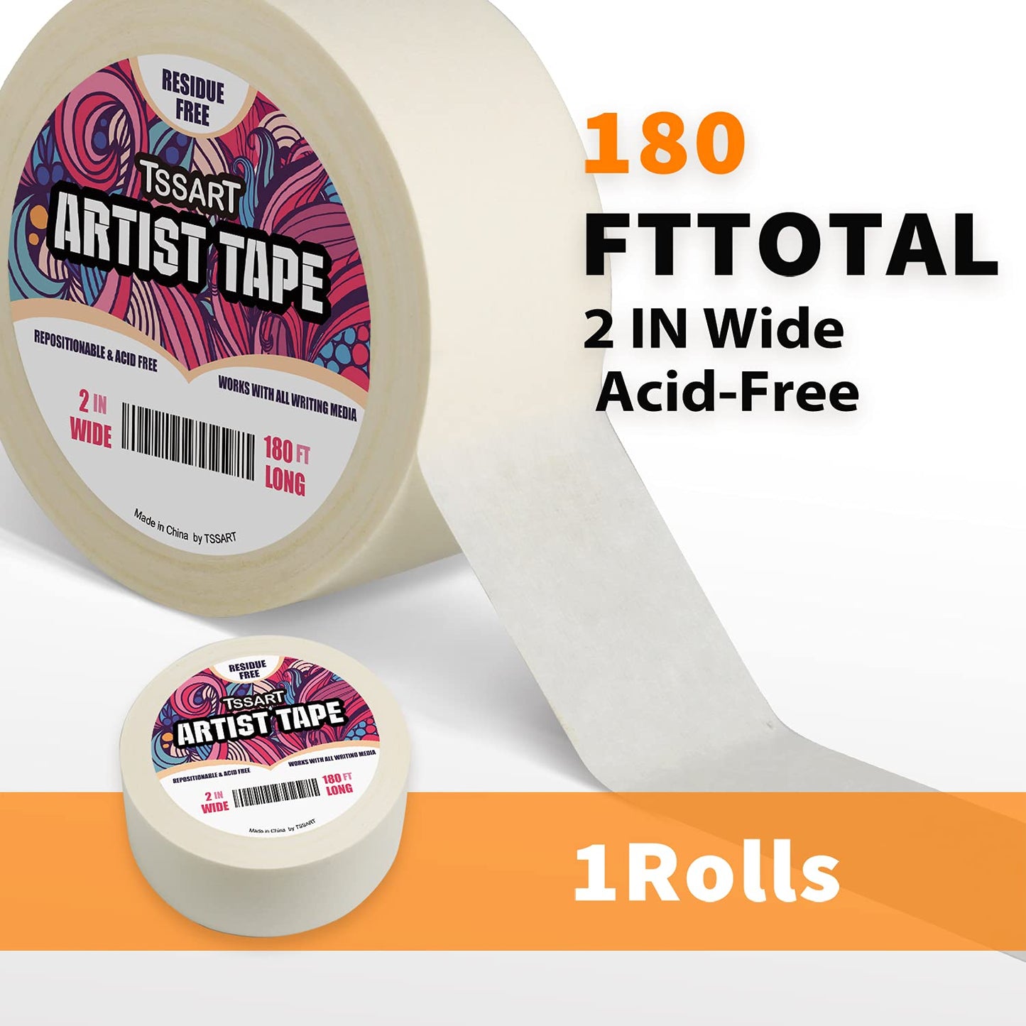 Skiennix White Artist Tape - Acid-Free Masking Tape for Watercolor Painting - 2 Inch Wide, 180FT Long
