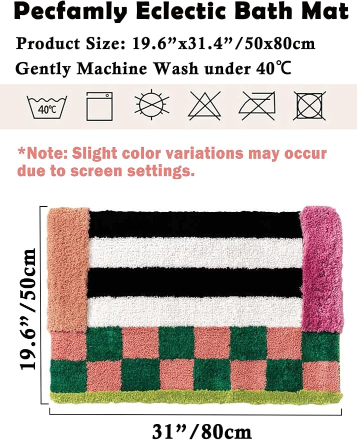 Colorful Funky Checkered Vintage Eclectic Maximalist Unique Fun Bathroom Rugs, Colorful Retro Checkered Funky Bath Mat, Dopamine Bathroom Home Room Decor (19.6"X31.4")