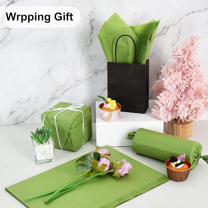 BEISHIDA 100 Sheets Olive Green Tissue Paper Bulk, Wrapping Tissue Paper for Gift Bags, 14 x 20 Inch Gift Wrap for Birthday Wedding Graduation DIY Crafts Holiday Flowers
