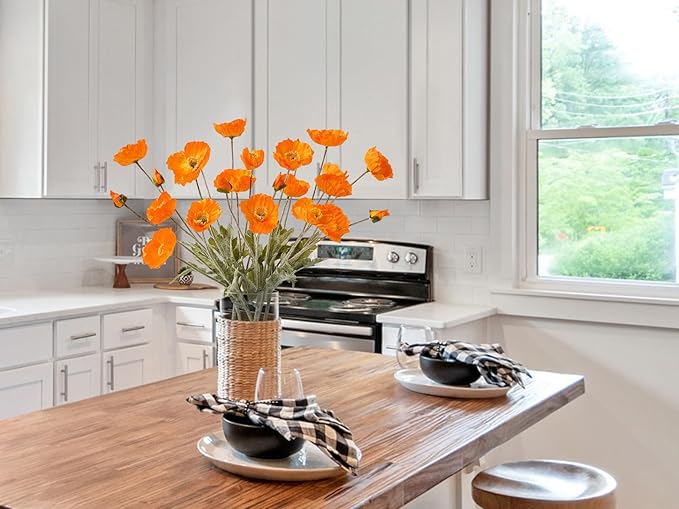 6PCS Orange Poppies Artificial Flowers Faux Poppy Silk Orange Flowers with Long Stems for Home Table Office Fall Outdoor Indoor Baby Shower Halloween Arrangements