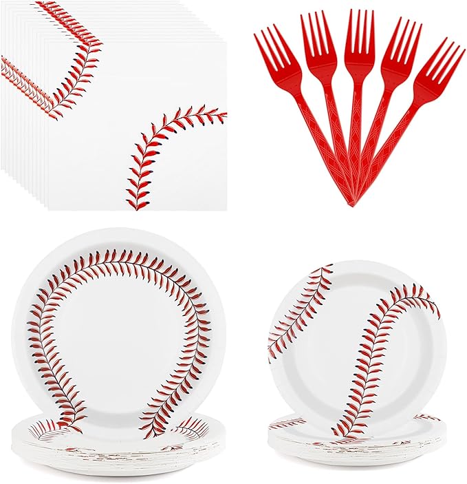 96 PCS Baseball Party Supplies, Disposable Tableware Set Baseball Paper Plates Napkins Forks, Sports Theme Dinnerware for Boy Birthday Baby Shower Thanksgiving Christmas Party Decor, Serves 24 Guests
