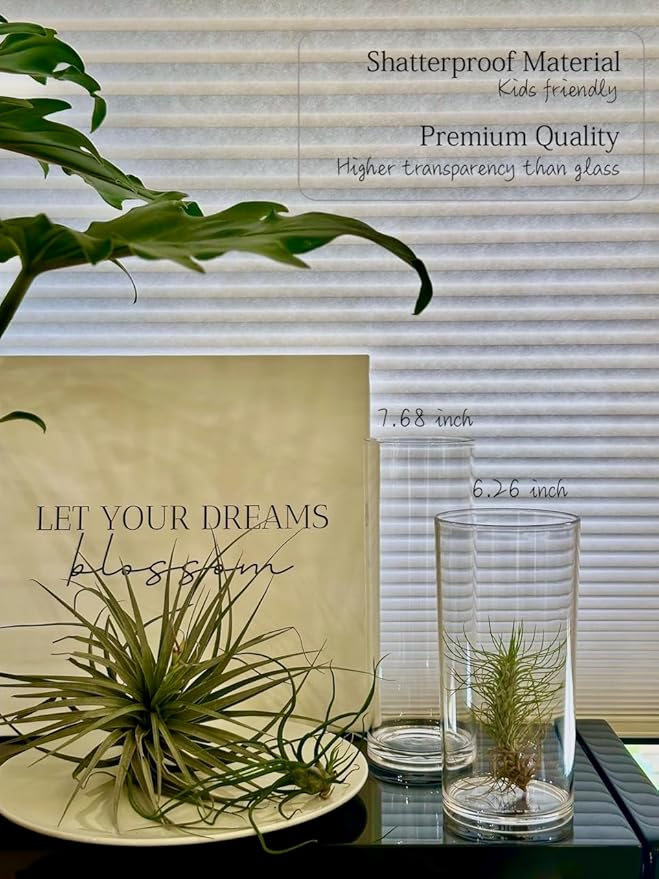 KLIFA- Carlsbad- Set of 8 Pieces, 6.26 Inch Tall, Plastic Cylinder Vases for Centerpieces, Shatterproof, High Transparency, Acrylic Flower Vase for Wedding, Parties and Home Decorations, Clear