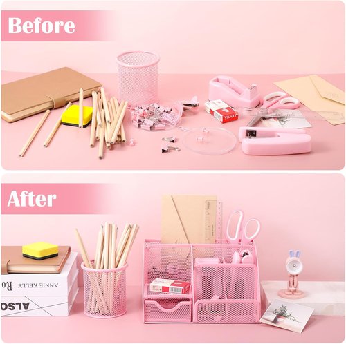 Auroray Pink Desk Organizer Set - Stylish Office Supplies with Mesh Organizer, Tape Dispenser & More