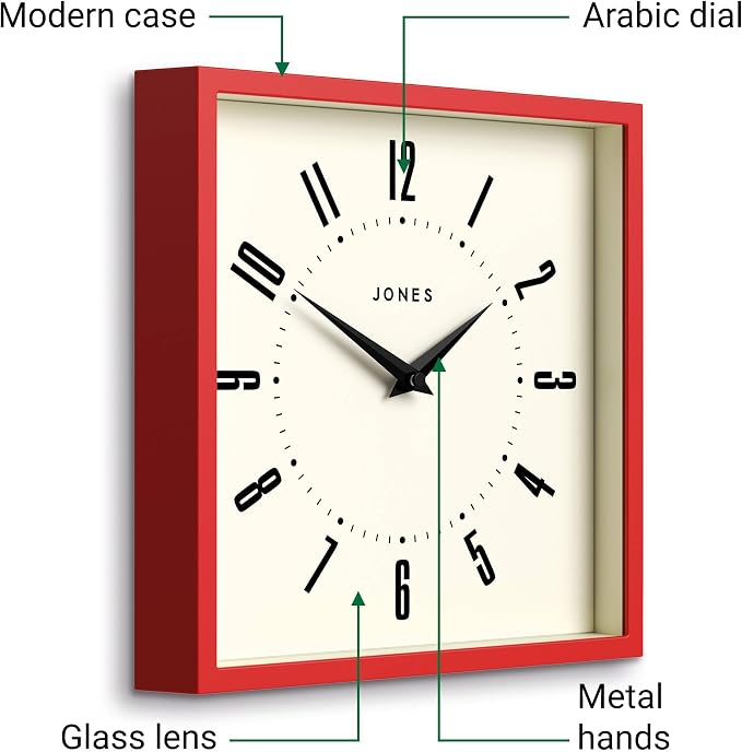 JONES CLOCKS® Box wall Clock | Retro Square | 10 inch | Red | Easy to Read Numbers | Perfect Kitchen or Office Clock