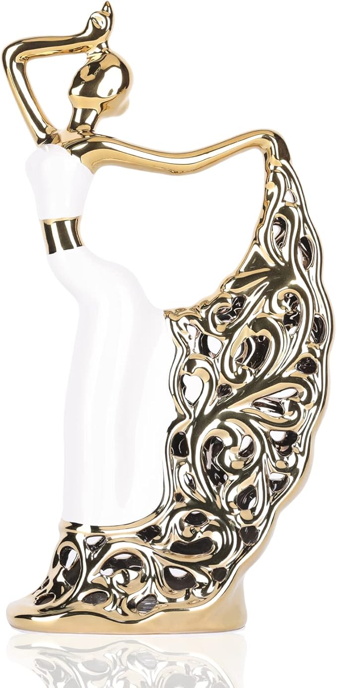 DOVDOV Peacock Statue and Sculpture, Female Dancer Sculpture, Modern Home Golden Ceramic Statue for Coffee Table, Entrance, Living Room, Bedroom Office Decoration Accessories (White Gold)