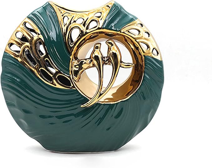 Luxury Green & Gold Ceramic Vase with Lovebird Design, Modern Home Decor for Living Room, Entryway, Bookshelf, Perfect for Dried Flowers, Faux Plants, Wedding & Housewarming Gift(Vase)