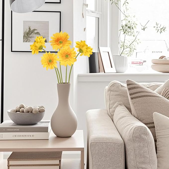 Yellow Gerbera Daisy Artificial Flowers – Real Touch Latex Silk Daisy Flowers 5PCS, 26.7" Long Stem Artificial Flowers for Summer Centerpieces, Home Decor Indoor, or Fake Wildflower Displays