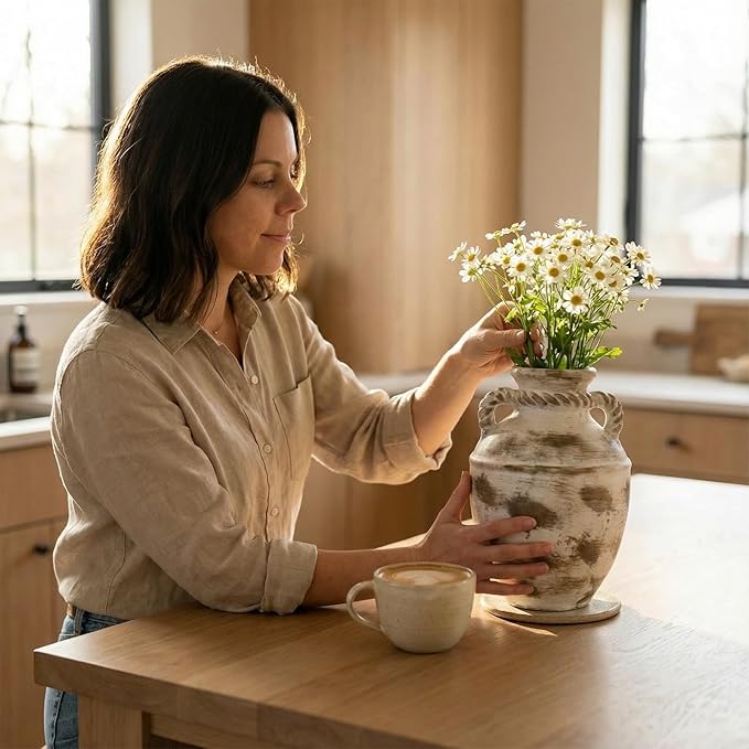 Rustic Ceramic Flower Vase Home Decor, 11 inch Large Pottery Decorative Vase for Centerpieces, Modern Farmhouse Vintage Vase for Dining Table, Living Room,Kitchen, Shelf (Round)