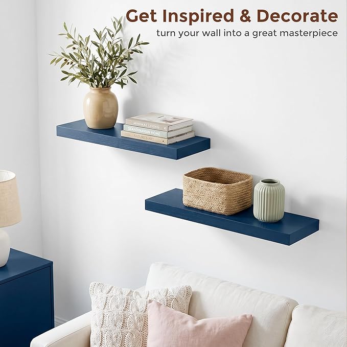 fuqing 20 Inch Floating Shelves | 6.7 Inch Deep Dark Blue Floating Shelves for Wall Set of 2 | 20''W x 6.7''D x 1.4''H Dark Blue Shelves for Living Room Bathroom Bedroom Kitchen Home Office