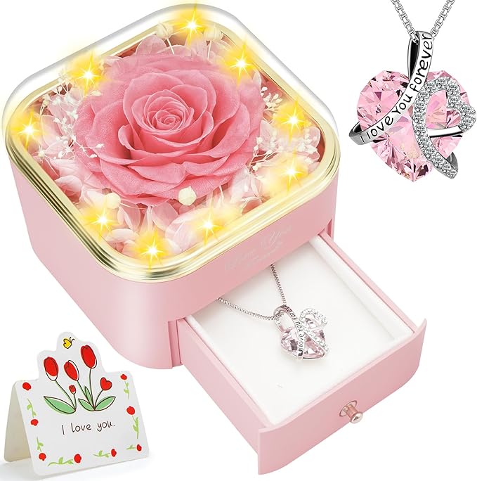 Preserved Pink Real Rose with Heart Necklace -Eternal Flowers Rose Birthday Gifts for Women Wife Mom Girlfriend Grandma Gifts Idea on Christmas Valentines Mothers Day for Her-Pink