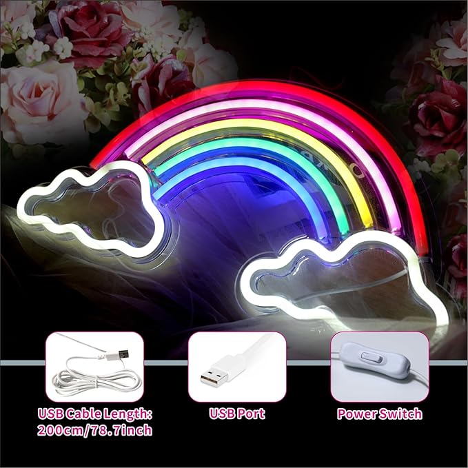 Neon Sign Light, Neon Rainbow Light for Kids USB Powered Rainbows LED Signs for Bedroom, Neon Sign for Wall Decor, Colorful Rainbow Cloud LED Sign, Party, Nightlight, Gift