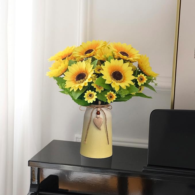 Artificial Sunflower Arrangement in Ceramic Vase – Fake Silk Sunflowers Table Centerpiece Decoration, Stylish Artificial Flowers with Vase for Home Table Dining Room