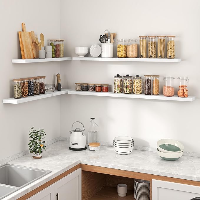 Heimlove Floating Shelves for Wall,16 inchs Shelf for Small Bathroom,Mounted Storage & Display Wood Shelves for Bedroom,Living Room,Kitchen,Office,Set of 2,White