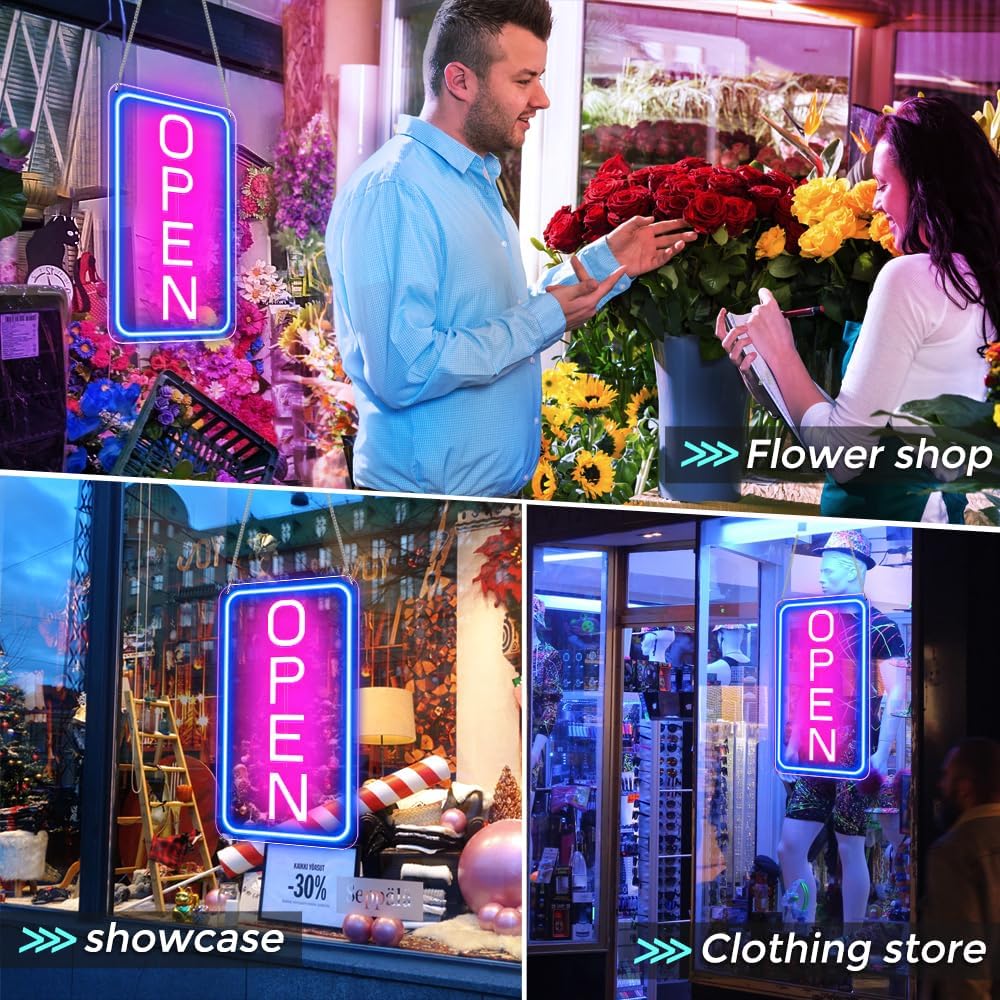 Skiennix LED Neon Open Sign - Ultra Bright 16"x9" Vertical Light Up Sign for Store Window | Blue/Pink