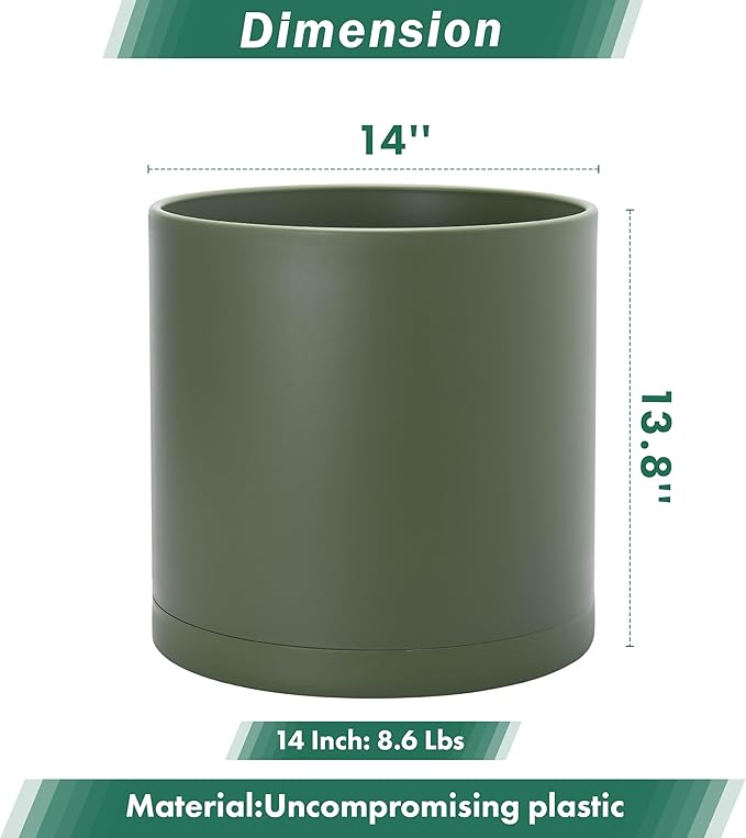 D'vine Dev 14 Inch Plastic Planter Pots for Plant Pot with Drainage Hole and Seamless Saucers, Olive, 74-X-I-4