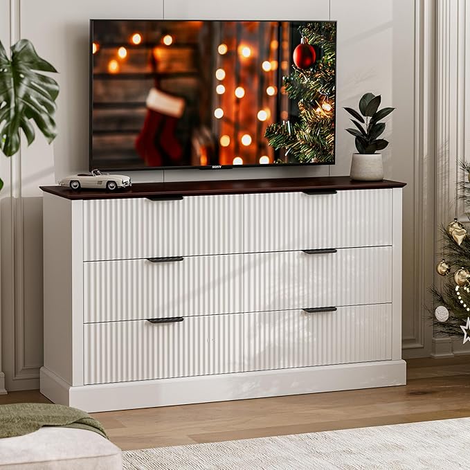 Dresser for Bedroom with 6 Fluted Drawers, 51.9" Wide Chest of Drawers with Mid-Century Design, Wood Dresser for Closet with Metal Handle, White & Walnut