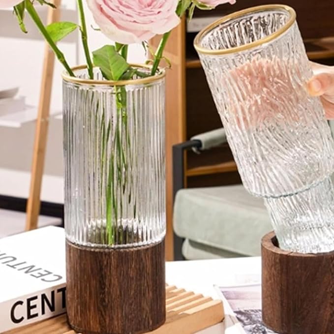 Wooden Vase, Glass Vase with Wooden Base Cylindrical Flower Vase, Classic Boho Rustic Style for Fireplace Bedroom Kitchen Living Room Centerpieces Office Desk, 10" H (Vertical Grain)