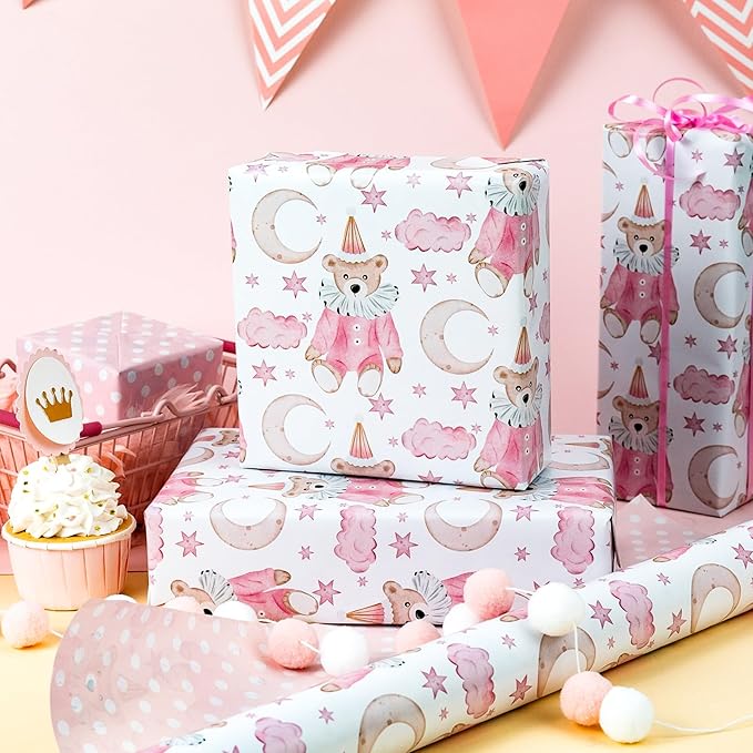 HOMERAL Pink Baby Girl Wrapping Paper Roll - Teddy Bear in Romper & Party Hat with Moon, Star & Cloud Design, Pink Reversible Gift Wrap for Baby Shower, Girls Birthday, Gender Reveal Party - 17 Inch x 33 Feet
