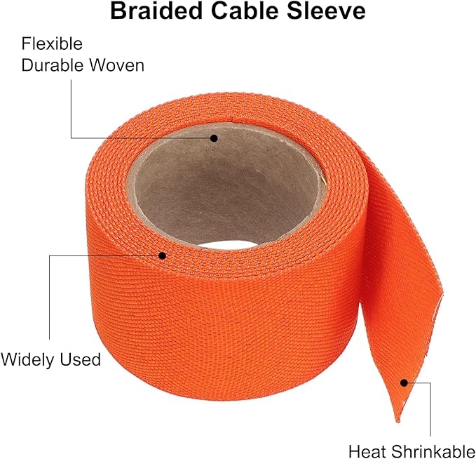 MECCANIXITY Braided Cable Sleeves Heat Shrinkable Fabric Sleeving, 1 3/8" 10ft Orange 2:1 Ratio Heat Shrinkable Cord Protector for Harness Cable, Network Cable Protection, Cable Management