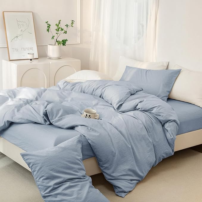 JIYUAN 100% Washed Cotton Duvet Cover Set 3 Pieces Full, 1 Duvet Cover 80x90 Inches(Comforter Not Included) and 2 Pillowcases,Linen Feel Bedding Set Comfy and Breathable, Heathered Light Blue