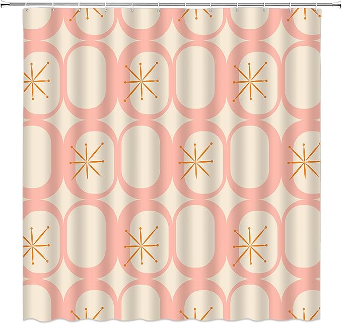 Mid Century Modern Extra Long Shower Curtain Abstract Atomic Geometric Round Squares Retro 50s Pink Fabic with Hooks for Bathroom Decor,70x78 Inch