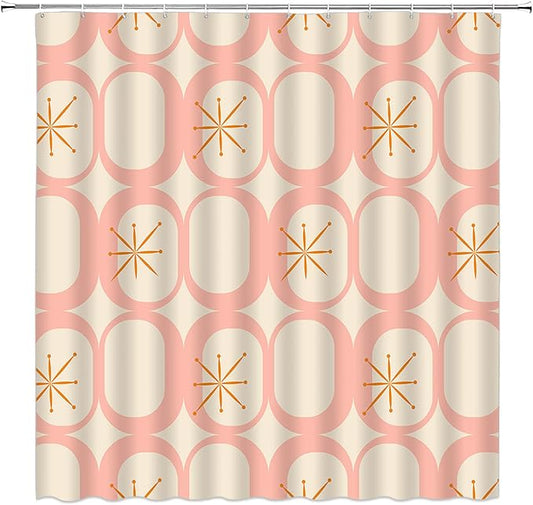 Mid Century Modern Shower Curtain Abstract Atomic Geometric Round Squares Retro 50s Pink Fabric Curtain with Hooks for Bathroom Decor,70x70 Inch