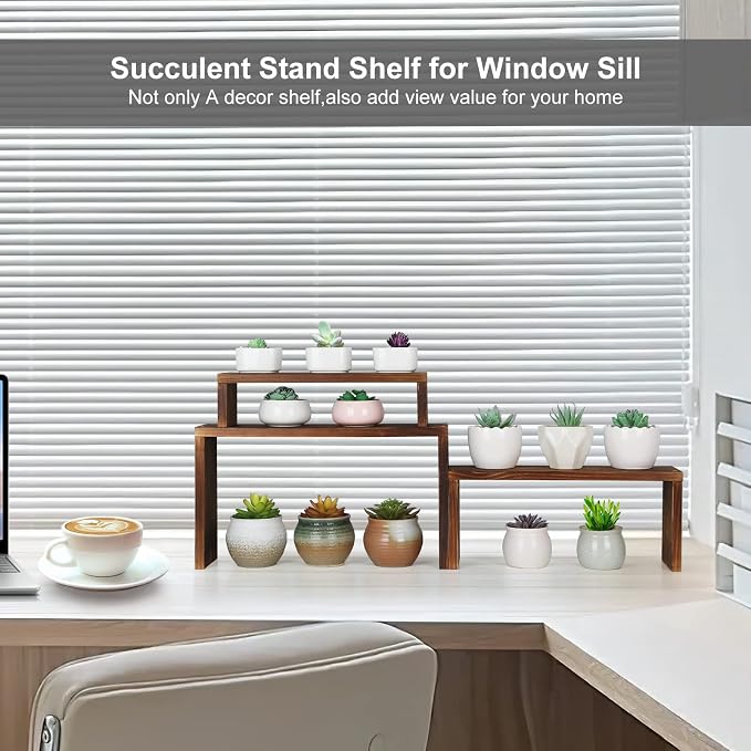 Desk Plant Stand Windowsill Plant Shelf 3 Tiers Wooden Tabletop Plant Shelves Small Countertop Desktop Shelf for Succulent Cupcake Stands Spice Rack