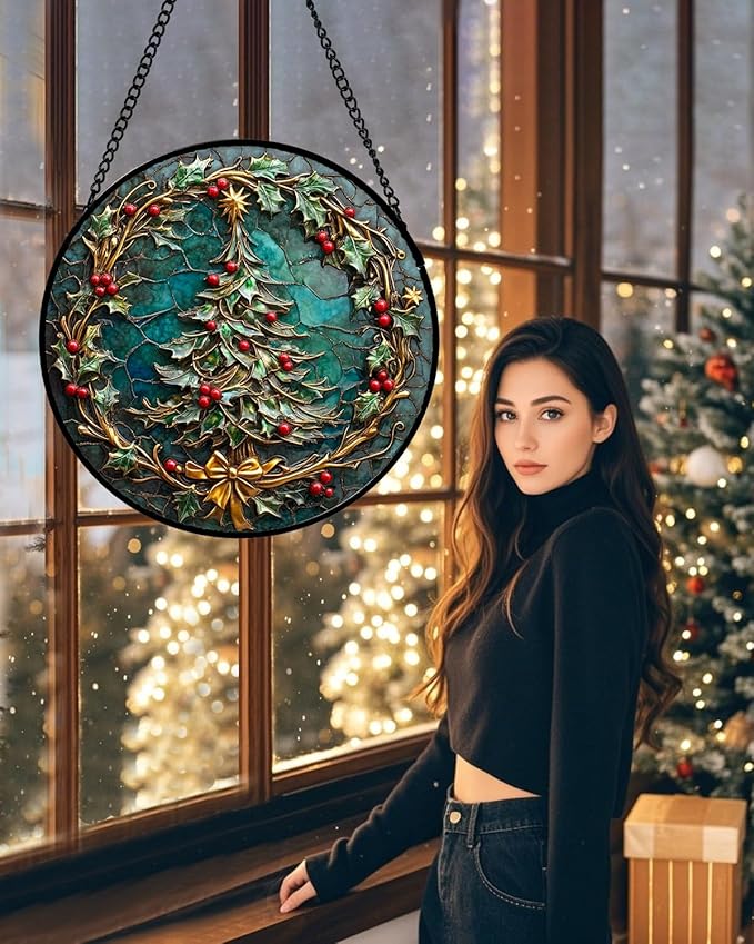 Stained Glass Window Hangings - Red Gold Green Wreath Suncatcher for Door Home Christmas Tree Decoration Sun Catcher Thanksgiving New Year Birthday Gift for Women Men Mom Grandma 6.3 in