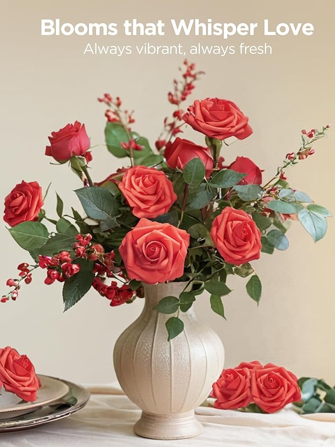 InnoGear Artificial Flowers, 50 Pcs Red Foam Fake Roses Bulk with Stems for Decoration DIY Wedding Bouquets Centerpieces Bridal Shower Party Valentines Christmas Tree
