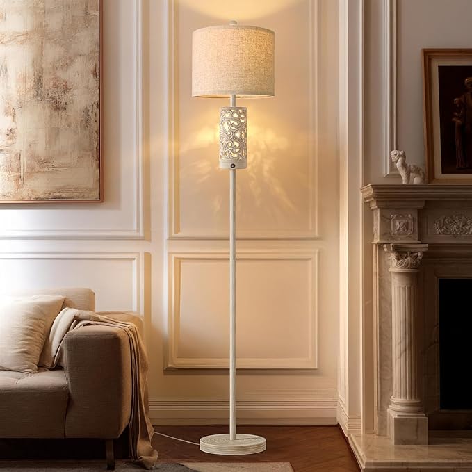 OYEARS 65“ Farmhouse Floor Lamp for Living Room, Rustic Floor Lamp with Main&Night Light,Linen Shade&Dual Switches, Standing Lamp for Bedroom Office Corner Dining Room, Wood Pole Lamp
