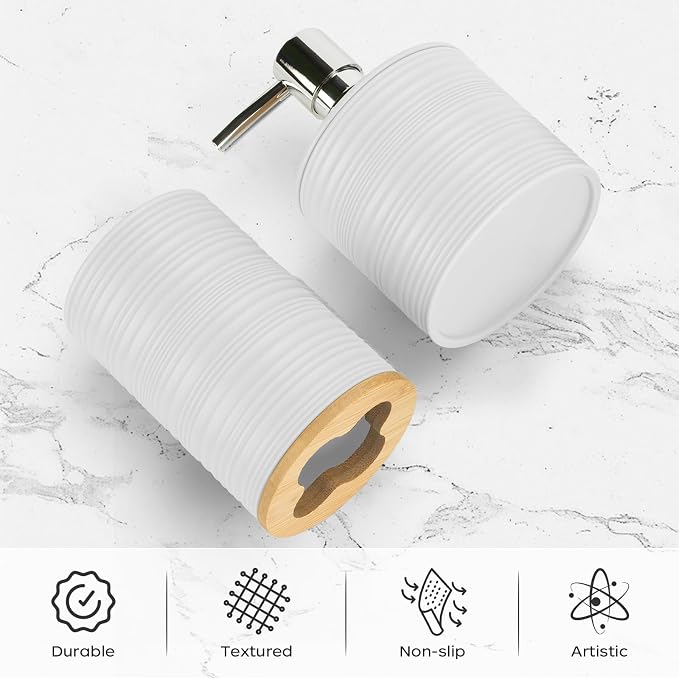 2 PCS White Bathroom Accessories Set, Soap Dispenser and Toothbrush Holder Set, Plastics & Bamboo Bathroom Set, Bohemian Style Bathroom Sink Set