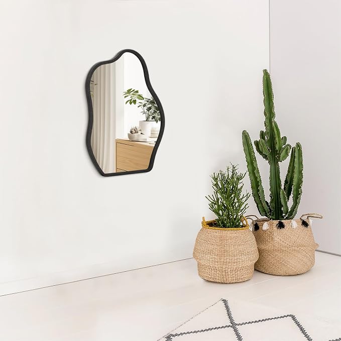 Irregular Mirror for Wall Decor Modern Asymmetrical Small Wall Mirror with Wooden Framed Unique Shape Vanity Artistic Cloud Mirror Decorative for Living Room Bedroom Bathroom