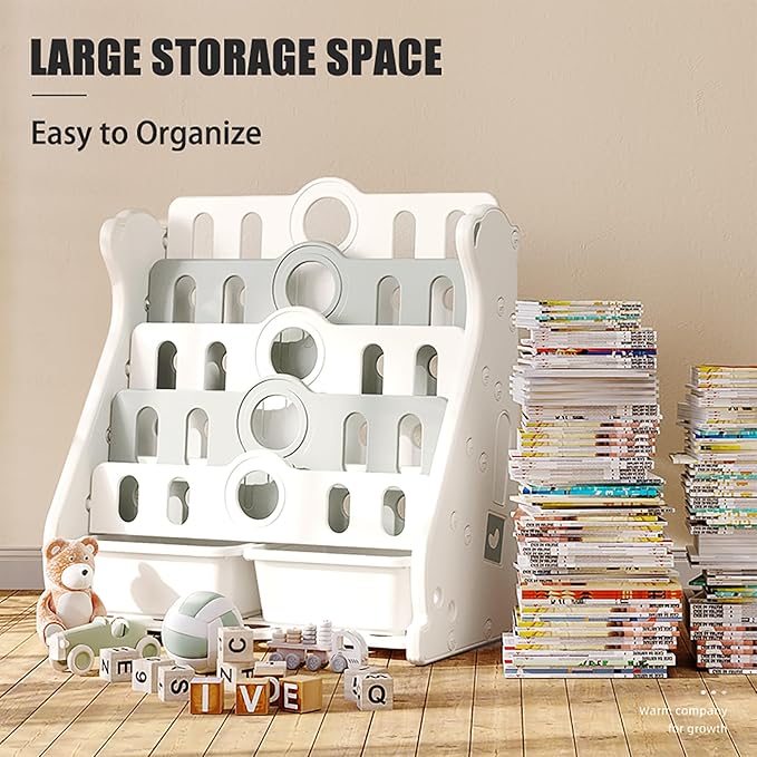 Kids Bookshelf and Toy Storage for Toddler, 4 Tier White Bookcase for Bedroom/Nursery/Classroom, Toddler Wall Corner Bookshelf Montessori Baby Book Storage Shelf(Grey)
