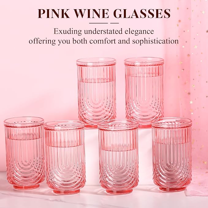 Pink Vintage Drinking Glasses Set of 6-17oz Hand-Blown Highball Ribbed Glassware, Arch Design Cocktail Glasses for Whiskey Water Beverages Ice Coffee Juice Milk