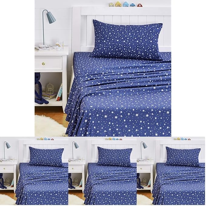 Amazon Basics Kid's Soft Easy-Wash Lightweight Microfiber 3-Piece Sheet Set, Twin, Navy Galaxy (Pack of 4)