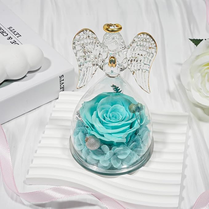 Sunia Preserved Flower Rose Gift for Women - Mother's Day Birthday Gifts for Mom Wife Grandma, Glass Angel Figurines Forever Real Roses Gifts for Her Valentine Day Thanksgiving﻿ (Aquamarine)