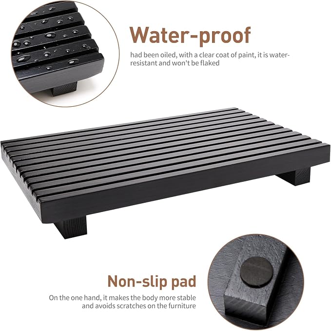 Renawe Black Bathroom Counter Tray Organizer Wood Riser Stand Kitchen Countertop Trays Wooden Pedesta Display Dish Soap Dispenser Holder for Bathroom Decor Sink Accessories Vanity Tray