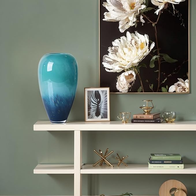 11" Tall Teal Glass Vase for Flowers, Hand Blown Gradient Decorative Vase for Home Decor, Centerpiece, Dining Table, Shelf, Mantel, Bathroom, Entryway, Countertop, Gift for Friends