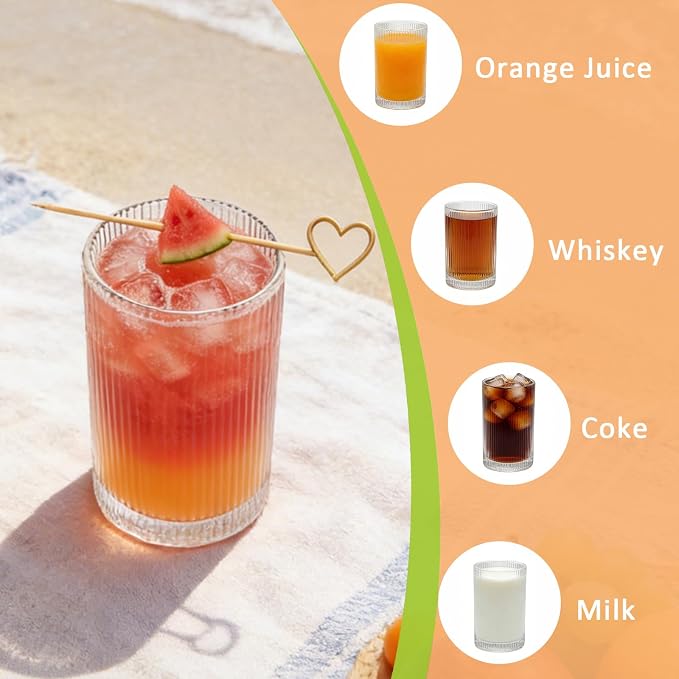 XKXKKE 18 oz Ribbed Drinking Glasses Set of 6, High Clear Vintage Iced Coffee Cups Elegant Glassware, Highball Glass Cups Ridged Glass Tumbler for Cocktail, Whiskey, Beer, Water, Juice, Origami Style