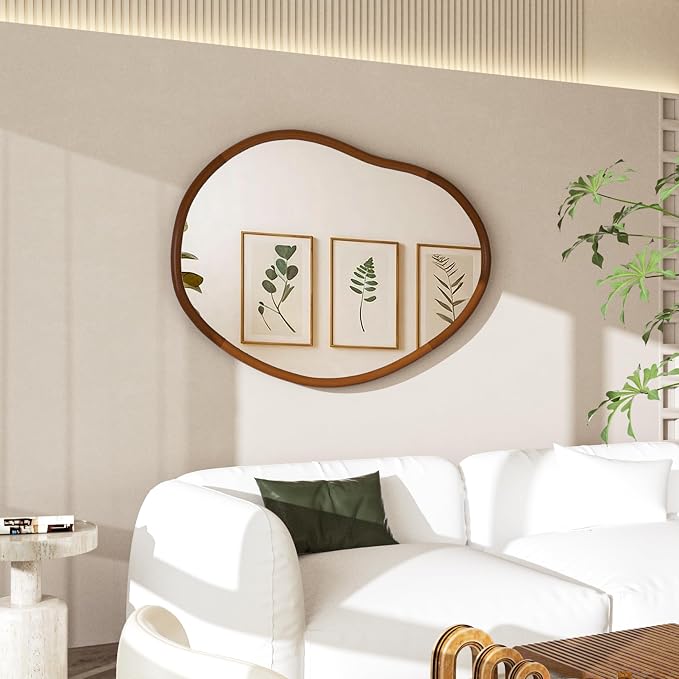 Irregular Wall Mirror Asymmetrical: Abstract Wood Frame 43x30 inch | Unique Vanity Glass Mirrors, Cloud-shape, Horizontal Vertical Hanging, Sleek Entryway Accent