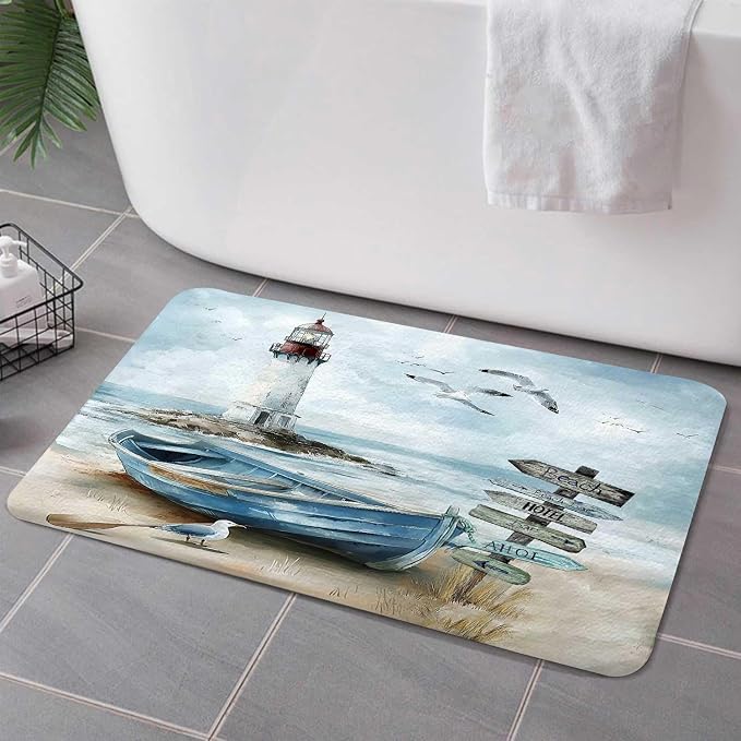Nautical Coastal Bath Rugs for Bathroom, Ocean Beach Lighthouse Non Slip Flannel Bathroom Rug, Blue Teal Seasides Sailboat Dry Fast Water Absorbent Bath Mats, 17x29 Inch