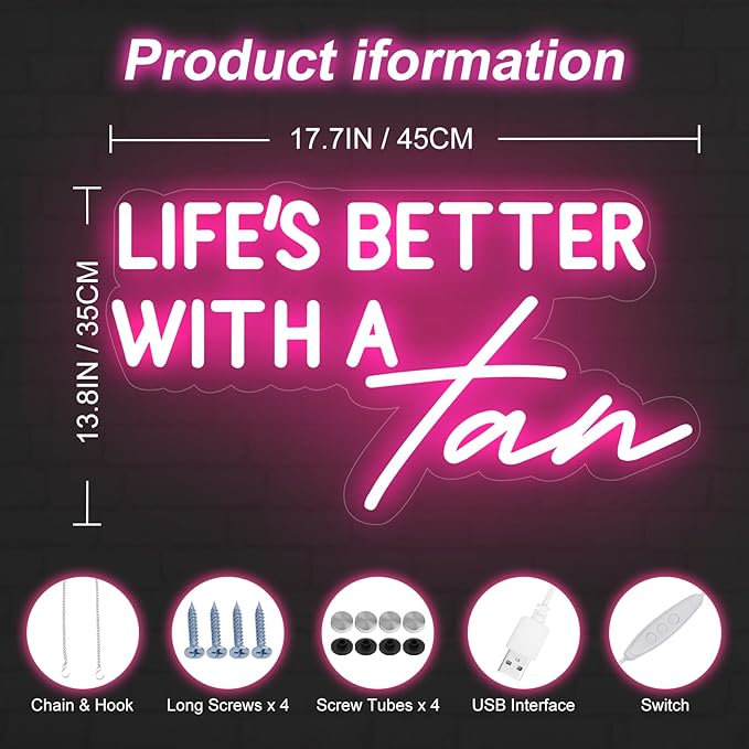 Life Is Better With A Tan Neon Sign,Beauty Salon LED Sign,Tanning Salon Decor,Tanning Wall Art,Make Up Studio Decor,Makeup Wall Art,Spa Sign, Encouraging Light, Pink Led Light for Summer Lovers