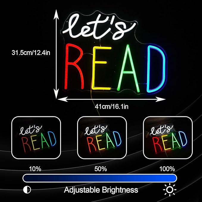 Let’s Read Neon Sign Multicolored Reading Led Neon Light Sign for Wall Decor Read Book Led Light Up Sign for Classroom Bookstore Reading Corner Home Wall Neon Decor (Dimmable USB)