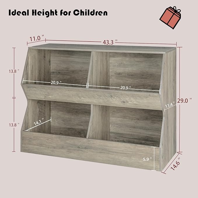 DINZI LVJ Kids Bookshelf, Toy Storage Organizer, Wooden Toy Storage Cabinet, 4 Cubby Children Bookcase, 43.3" L Toddler Book Shelf for Bedroom, Nursery, Hallway, School, Gray Wash