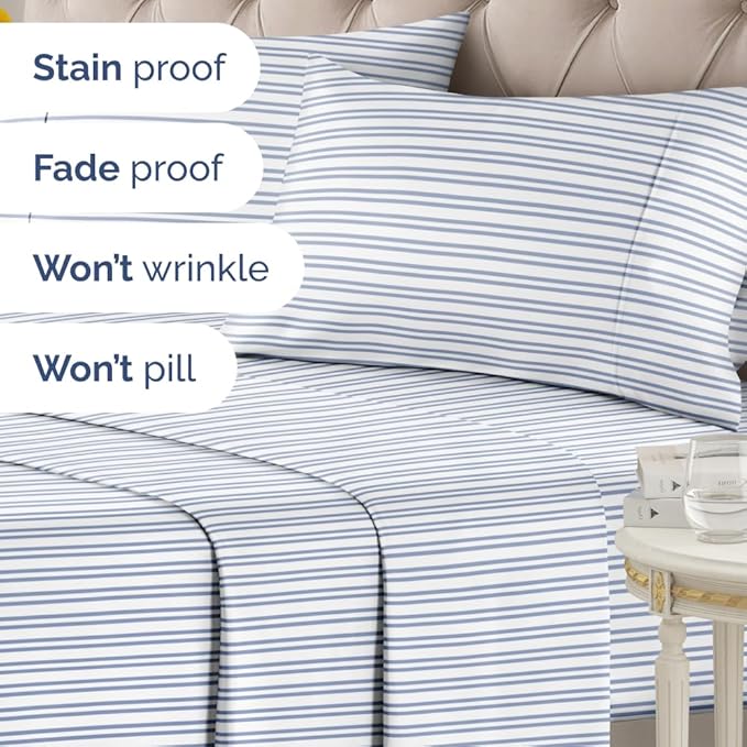 Blue and White Striped Sheets - 1 Flat & 1 Fitted Sheet & 2 Pillowcases w/ Deep Pockets - Comfy, Wrinkle & Fade Resistant - Ultra-Soft, Breathable & Cooling - Luxury Pinstripe Bedding - King Size