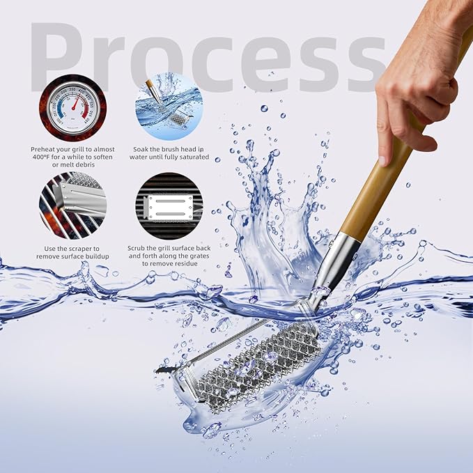 HOUSE AGAIN Grill Brush Bristle Free, 304 Stainless Steel Food-Grade Brush Head with Scraper, Safe BBQ Outdoor Grill Cleaning Brush Strong Barbecue Brush Cleaner Non Wire for Grill Grate/Wooden Handle